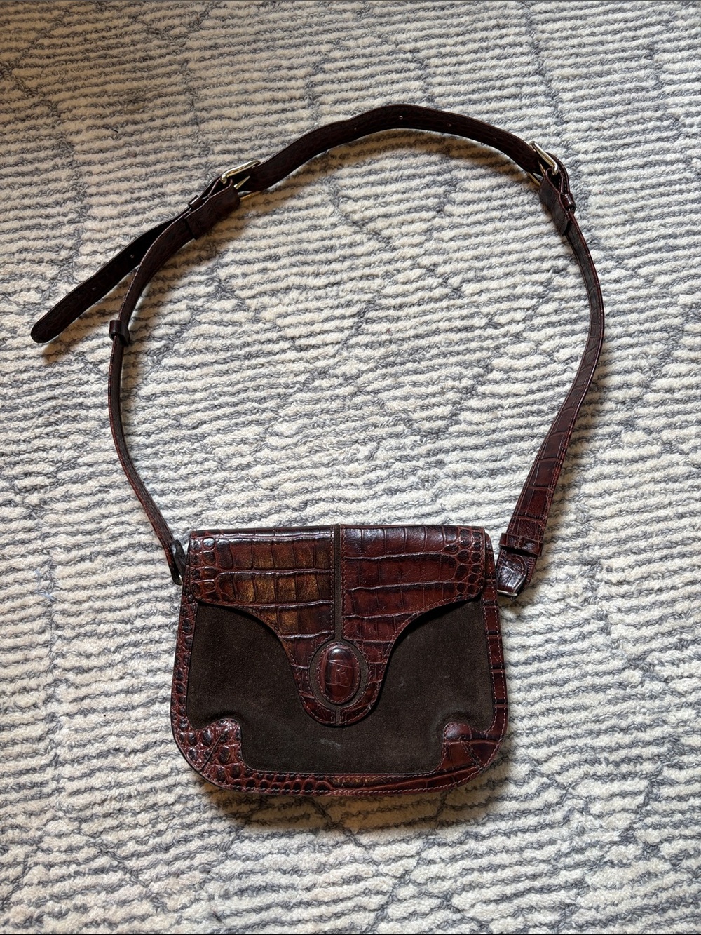 Rouje Dark Brown Croc-Embossed & Suede Crossbody Bag